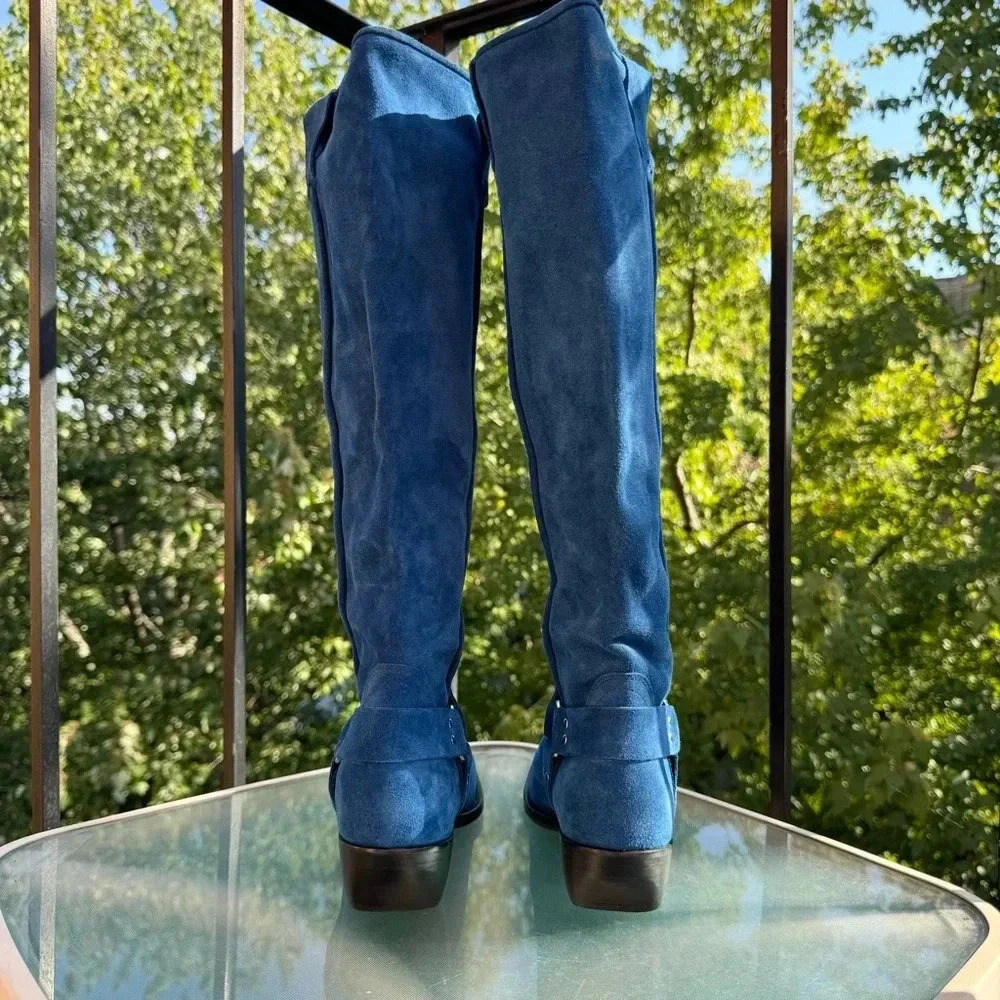 New Free People Suede Knee-High Moto Boots Lockhart Blue Womens Size 6 - Picture 9 of 16